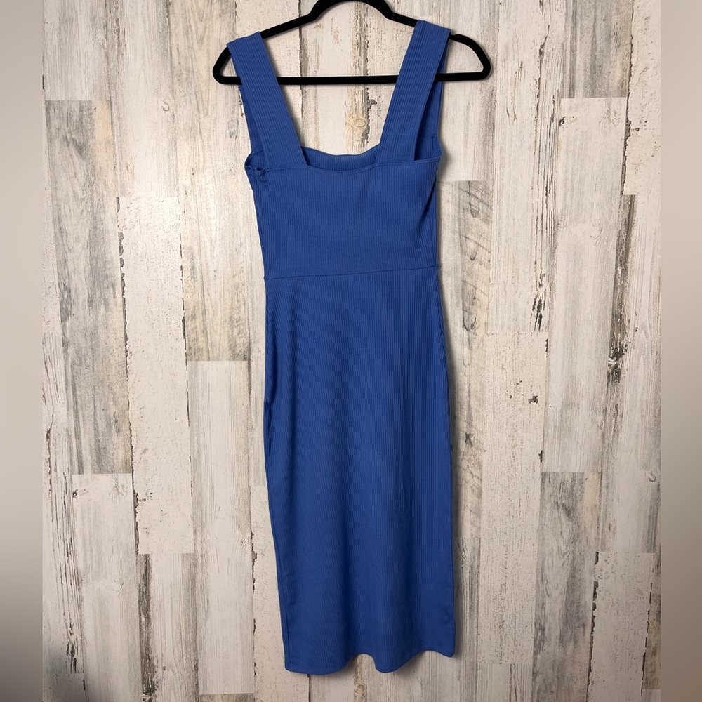 Reformation Cassi Blue Square Neck Fitted Eco-Rib lightweight Dress Sz small - Picture 4 of 10